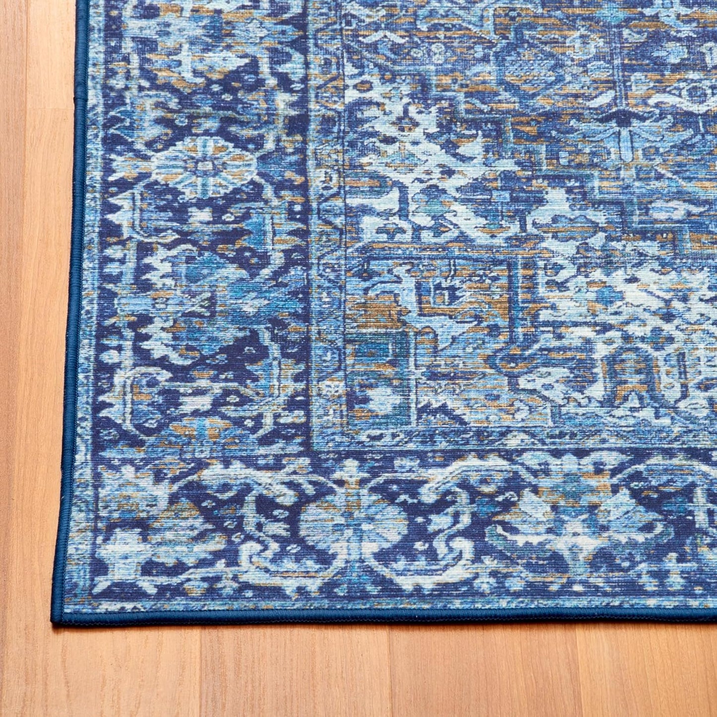 Machine Washable Area Rug - Living Room Bedroom Bathroom Kitchen Entryway Office - Padded Low Pile Stain Resistant Premium - Boho Vintage Traditional - Lyle - Blue 7'6" X 9'6"