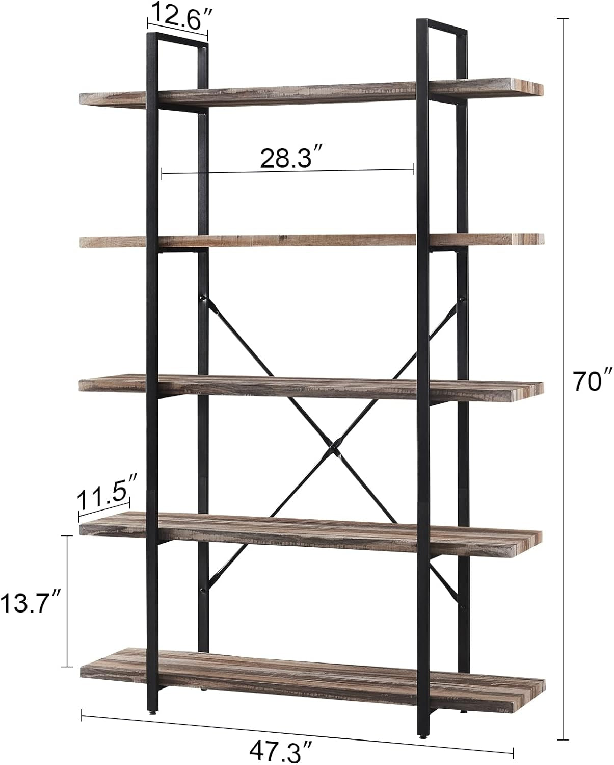 Bookshelf, 5 Tier Industrial Bookcase, 70" Tall Bookshelves and Book Case with 5 Shelf, Rustic Storage Rack with Display Shelves for Bedroom Living Room Office, Retro Brown