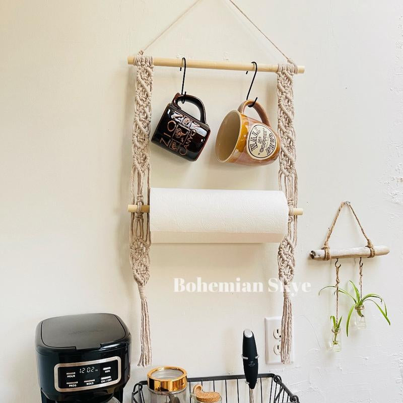 Macrame Kitchen Towel Coffee Mug Holder, Boho Kitchen Decor