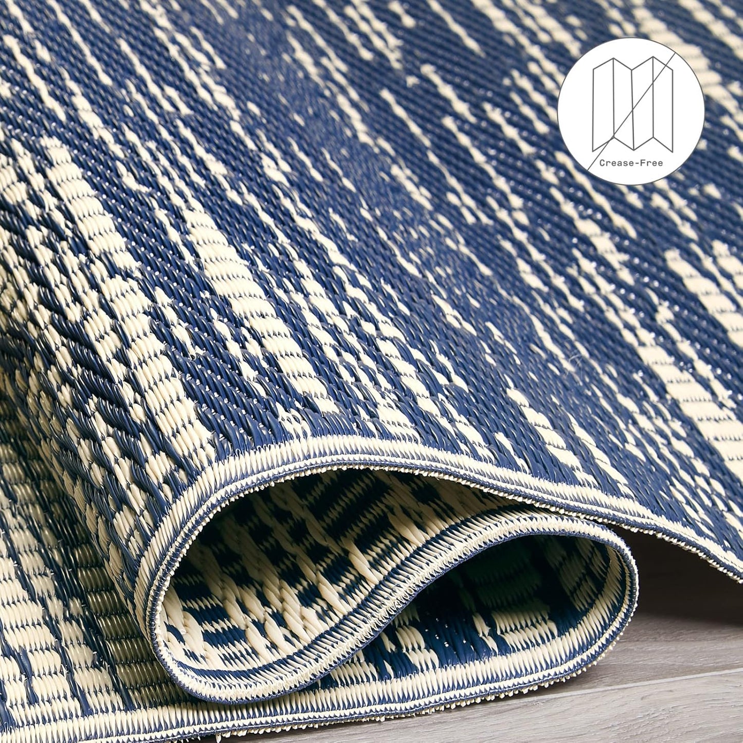 Abstract Distressed Stripes Outdoor Rug - Waterproof, Fade Resistant, Crease-Free, Reversible - Premium Recycled Plastic - Patio Porch Balcony Deck - Brooklyn Blue - 8X10 Ft