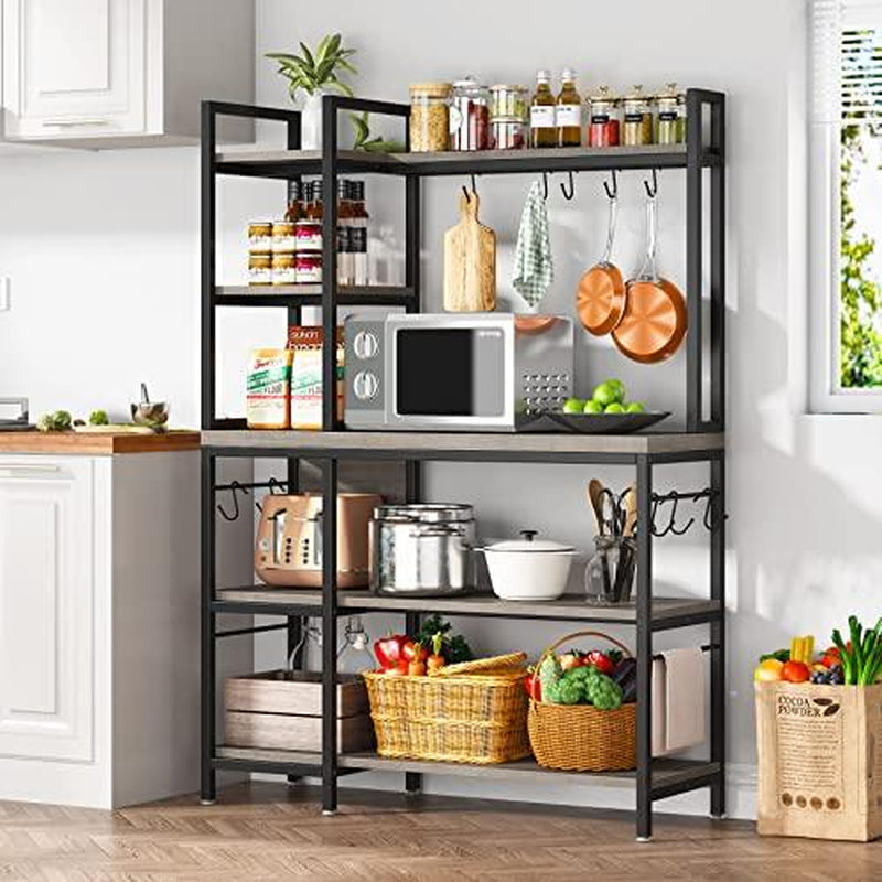 Tribesigns 63 Inch Tall Kitchen Racks, 5-Tier Bakers Rack with Storage and 10 Hooks for Kitchen Metal Organiser, Industrial Wood Shelf Room Wooden