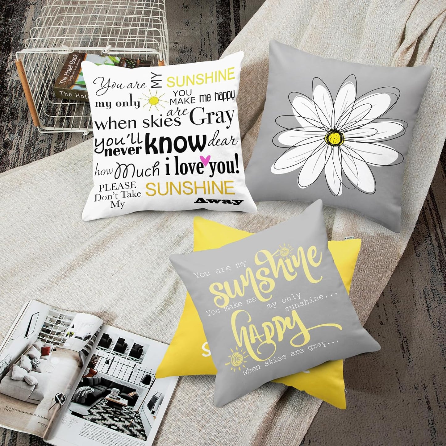 Set of 4 Throw Pillow Covers You Are My Sunshine Yellow Gray with Words Decorative Pillow Cases Home Decor Square 16X16 Inches Pillowcases