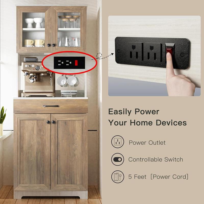 Sideboard Buffet Storage Cabinet with LED & Power Outlet, Kitchen Pantry Organization with Drawer Shelves, Microwave Wood Stand Hutch for Dining Room
