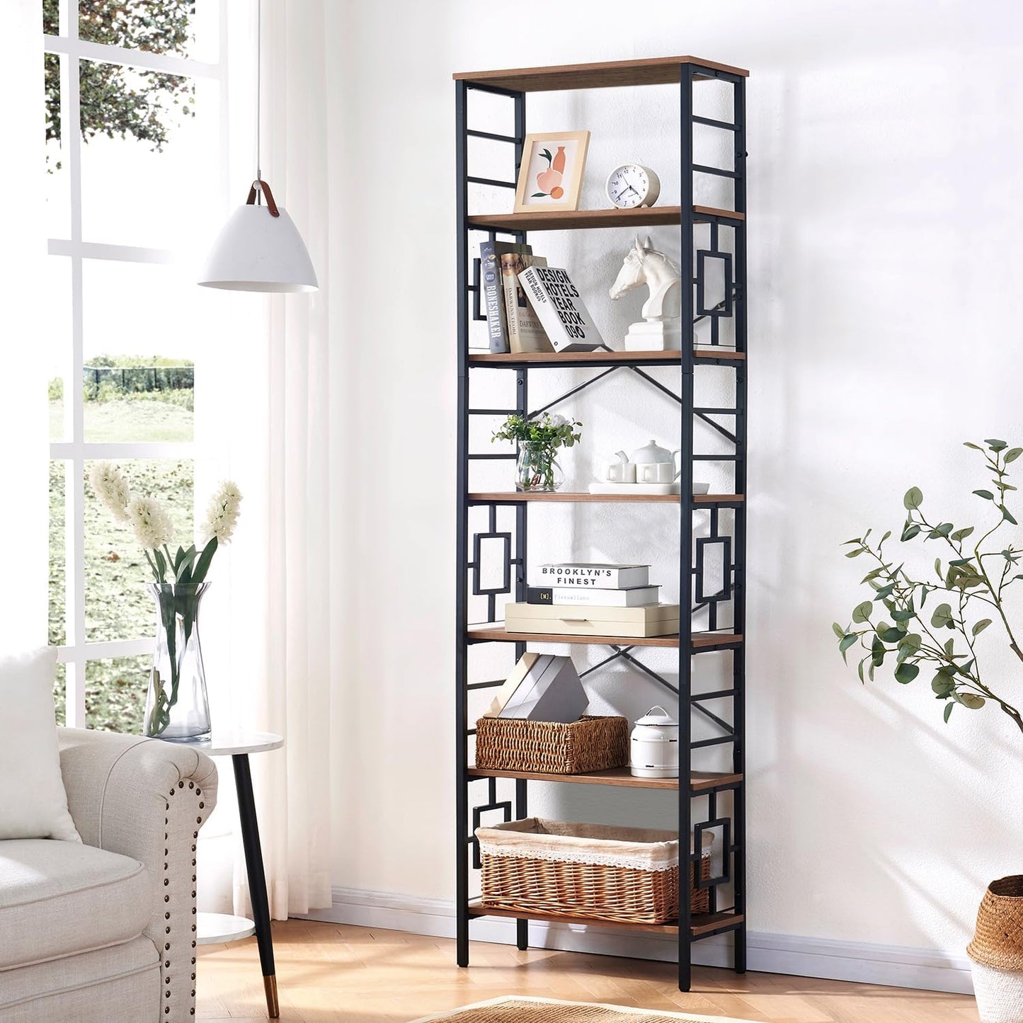 Tall Bookshelf, 84 Inch Industrial Bookshelf with Metal Frame and Open Shelves, 7 Tier Metal Bookshelves and Bookcases, Rustic Tall Book Shelf for Office, Living Room and Bedroom, Brown