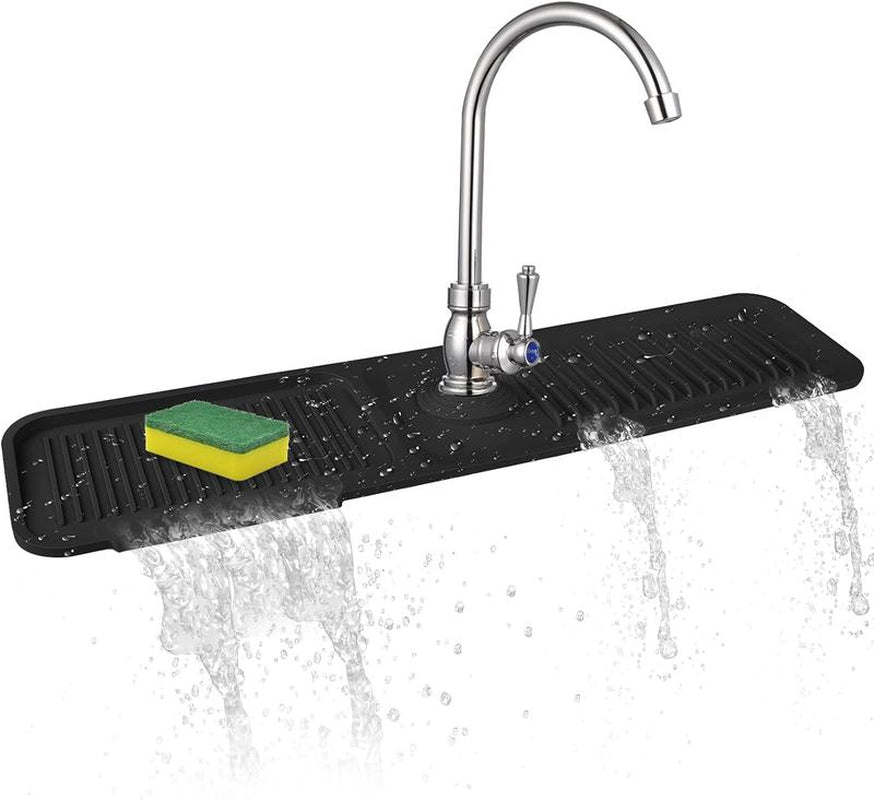 Kitchen Sink Splash Guard, 24Inche Faucet Mat Splash Catcher, Handle Drip Catcher Tray, Multipurpose for Kitchen Dish Drying Mats Sponge Holder and Bathroom Countertop Protect(Black)