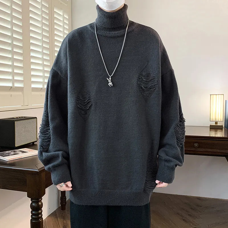 Autumn Winter Men'S Hole Turtleneck Pullovers Solid Color Casual Knitted Sweater Men Fashion Loose Streetwear Knit Pullovers Man