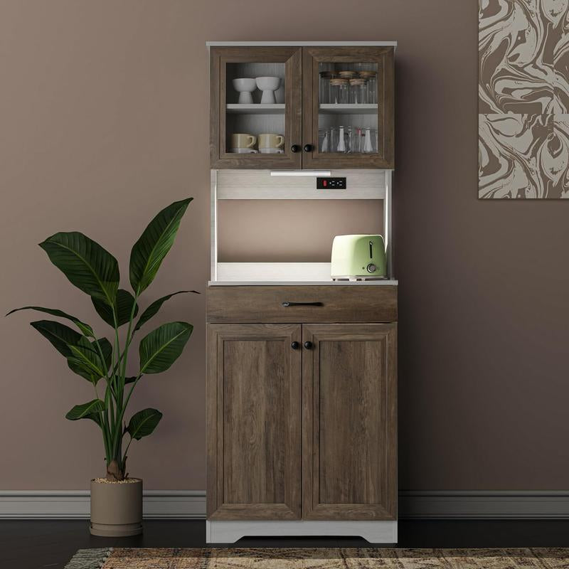 Sideboard Buffet Storage Cabinet with LED & Power Outlet, Kitchen Pantry Organization with Drawer Shelves, Microwave Wood Stand Hutch for Dining Room
