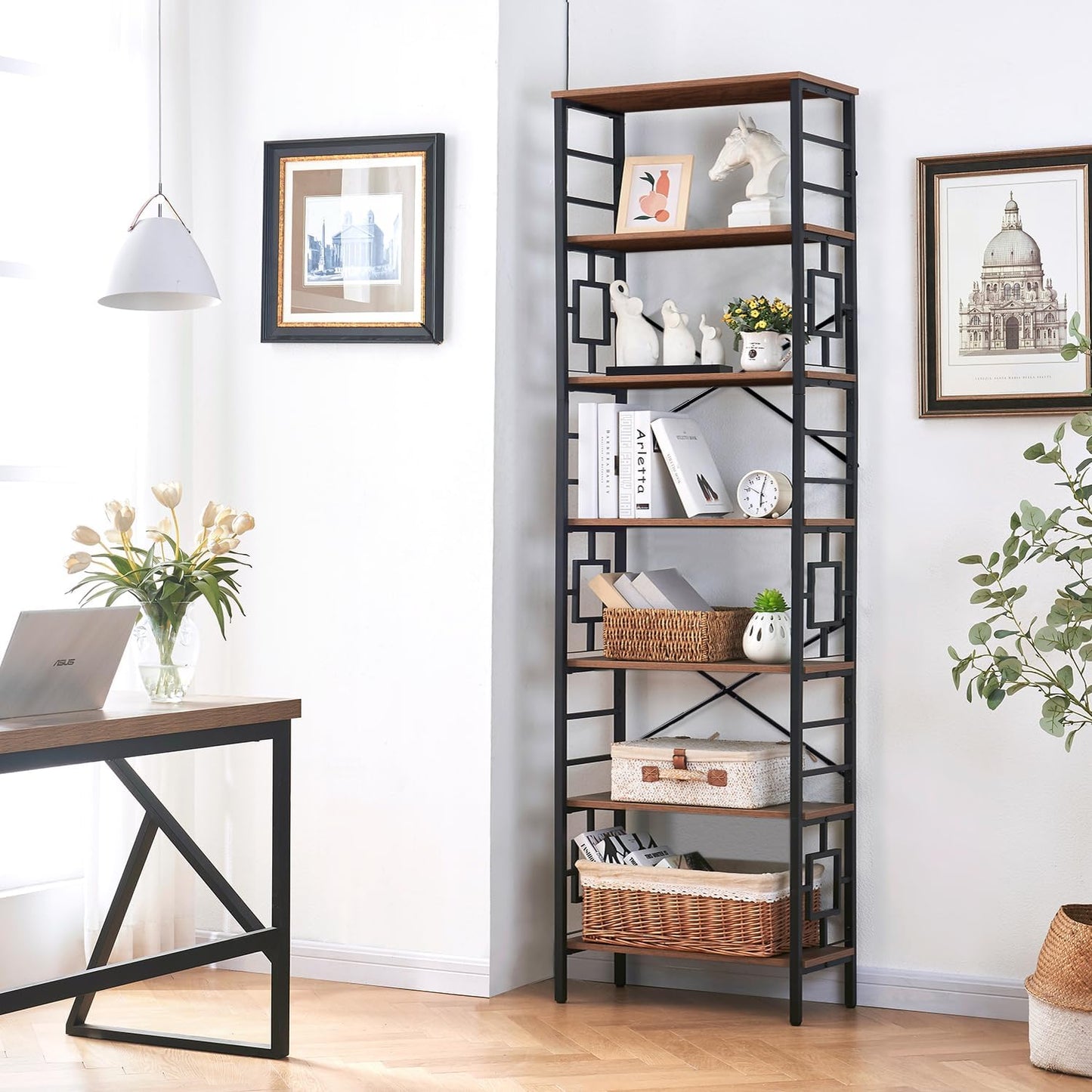 Tall Bookshelf, 84 Inch Industrial Bookshelf with Metal Frame and Open Shelves, 7 Tier Metal Bookshelves and Bookcases, Rustic Tall Book Shelf for Office, Living Room and Bedroom, Brown