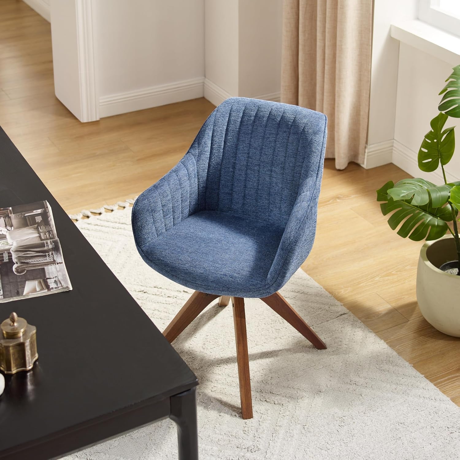 Desk Chair - Mid Century Modern Office Chair No Wheels, Swivel Accent Chair with Oak Wood Legs, Fabric Upholstered Arm Chair, Blue