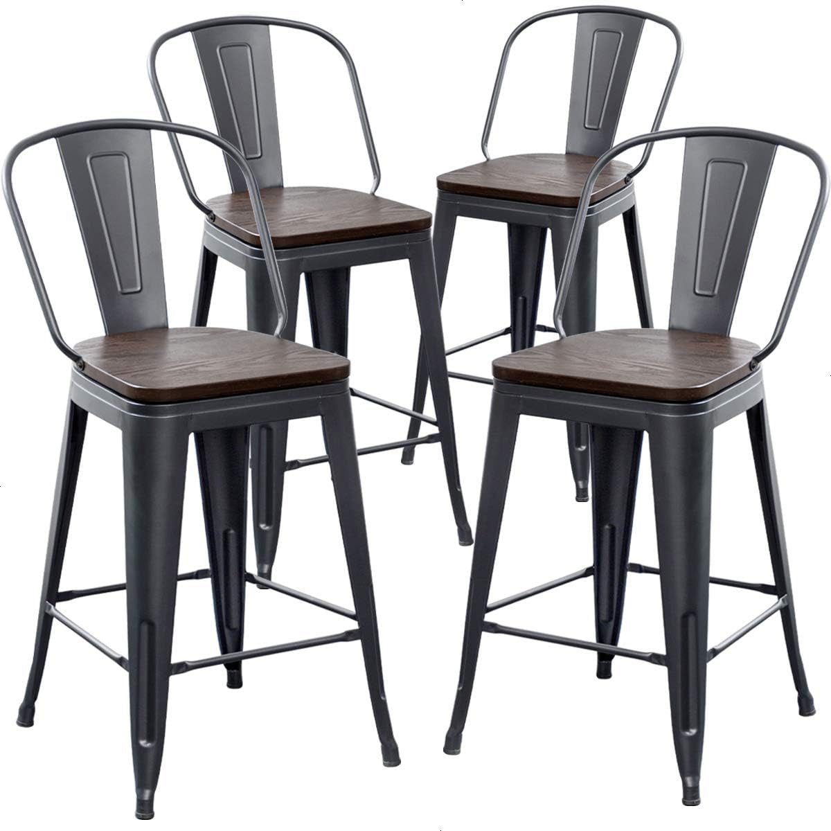 Metal Bar Stools Set of 4,24 Inch Barstools Counter Height Bar Stools with Backs Farmhouse Bar Stools with Larger Seat High Back Kitchen Dining Chairs Modern Bar Chairs Matte Black Stool