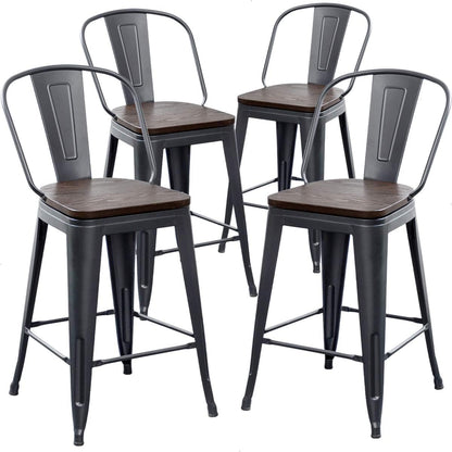 Metal Bar Stools Set of 4,24 Inch Barstools Counter Height Bar Stools with Backs Farmhouse Bar Stools with Larger Seat High Back Kitchen Dining Chairs Modern Bar Chairs Matte Black Stool