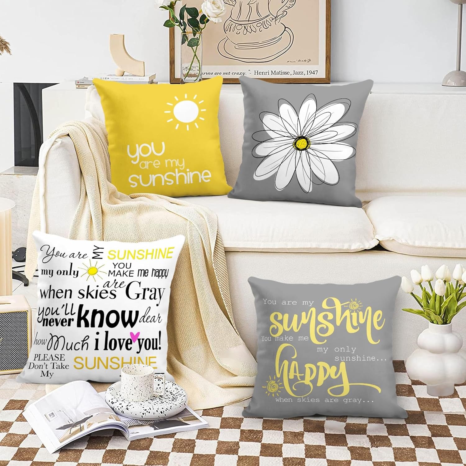 Set of 4 Throw Pillow Covers You Are My Sunshine Yellow Gray with Words Decorative Pillow Cases Home Decor Square 16X16 Inches Pillowcases
