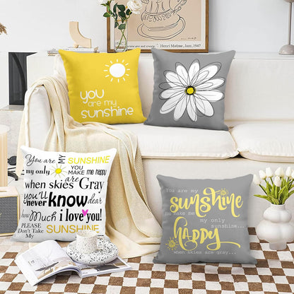 Set of 4 Throw Pillow Covers You Are My Sunshine Yellow Gray with Words Decorative Pillow Cases Home Decor Square 16X16 Inches Pillowcases