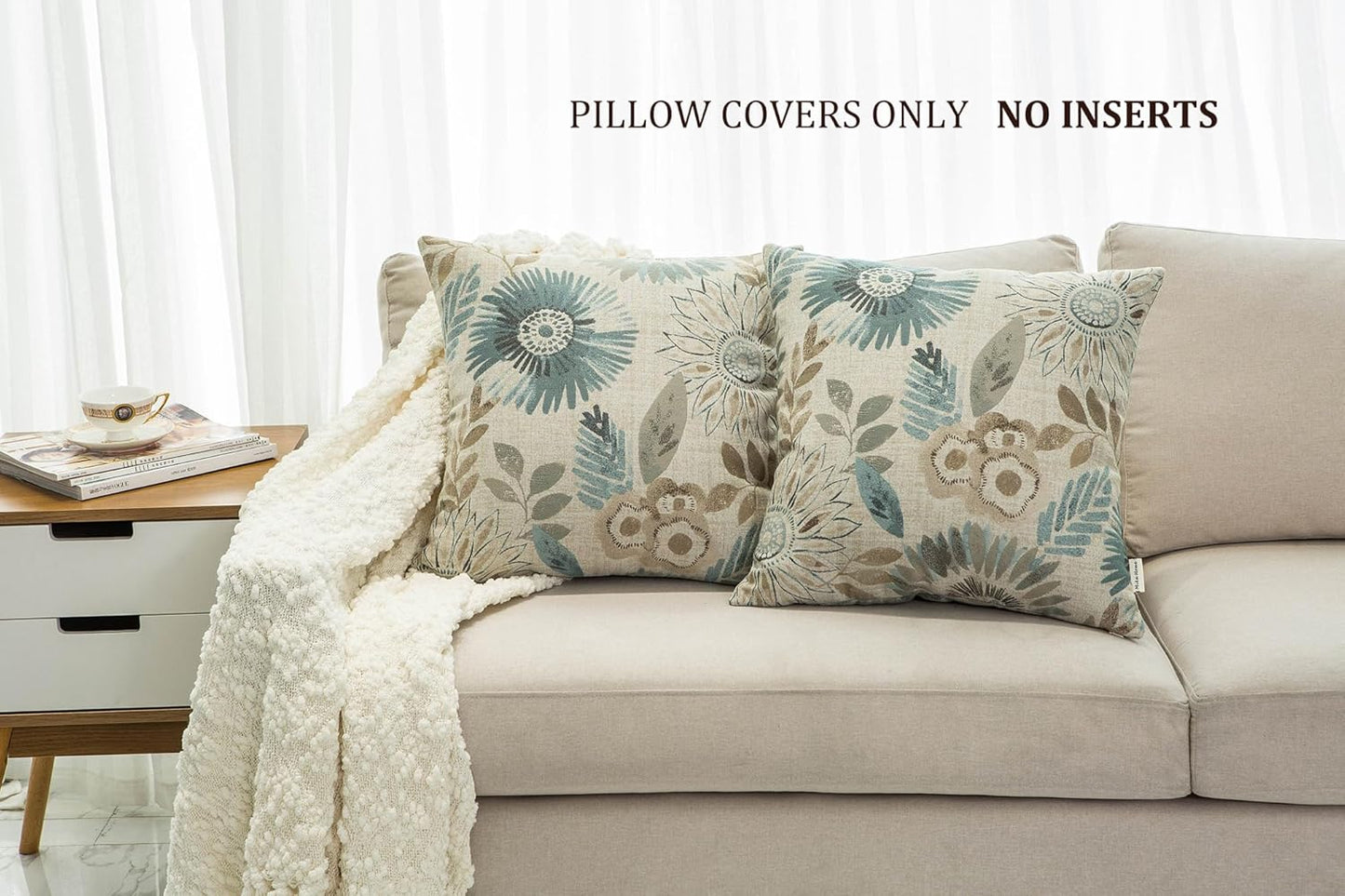 Pack of 2 Decorative Throw Pillows Cases Cushion Cover for Sofa Couch Bed,Sunflower Pattern,20X20 Inches,Blue Cream