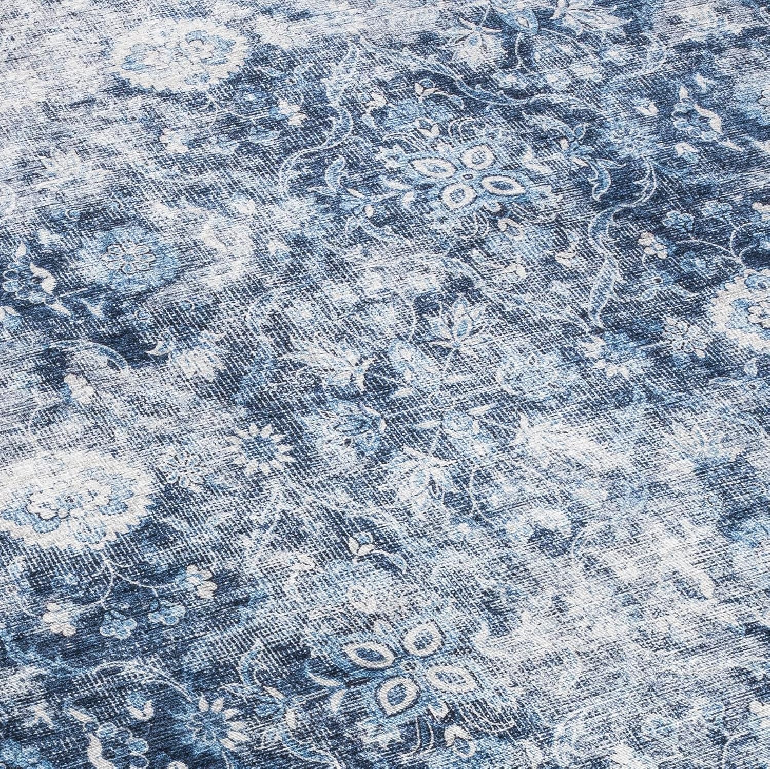 Machine Washable Area Rug - Living Room Bedroom Bathroom Kitchen Entryway Office - Padded Low Pile Stain Resistant Premium - Boho Farmhouse Vintage - Noor - Blue 4' X 6'
