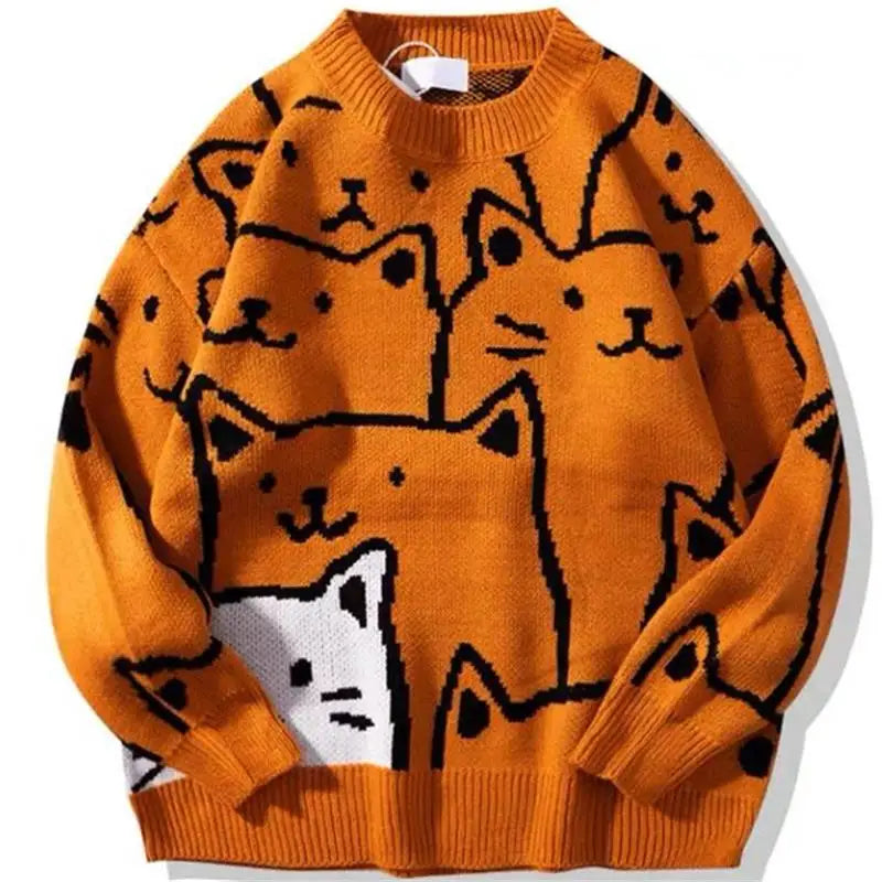 Cartoon Cat Knitted Sweater - Oversized Vintage Style for Winter