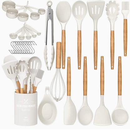 Kitchen Cooking Utensils Set, 33 Pcs Non-Stick Silicone Cooking Kitchen Utensils Spatula Set with Holder, Wooden Handle Silicone Kitchen Gadgets Utensil Set