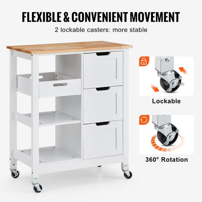 VEVOR Kitchen Island Cart, 26 Inch Wood Top Mobile Breakfast Bar, Rolling Kitchen Table with 3 Drawers and Shelves, Portable Islands on Wheels, for Dining Kitchen Living Room Farmhouse, White