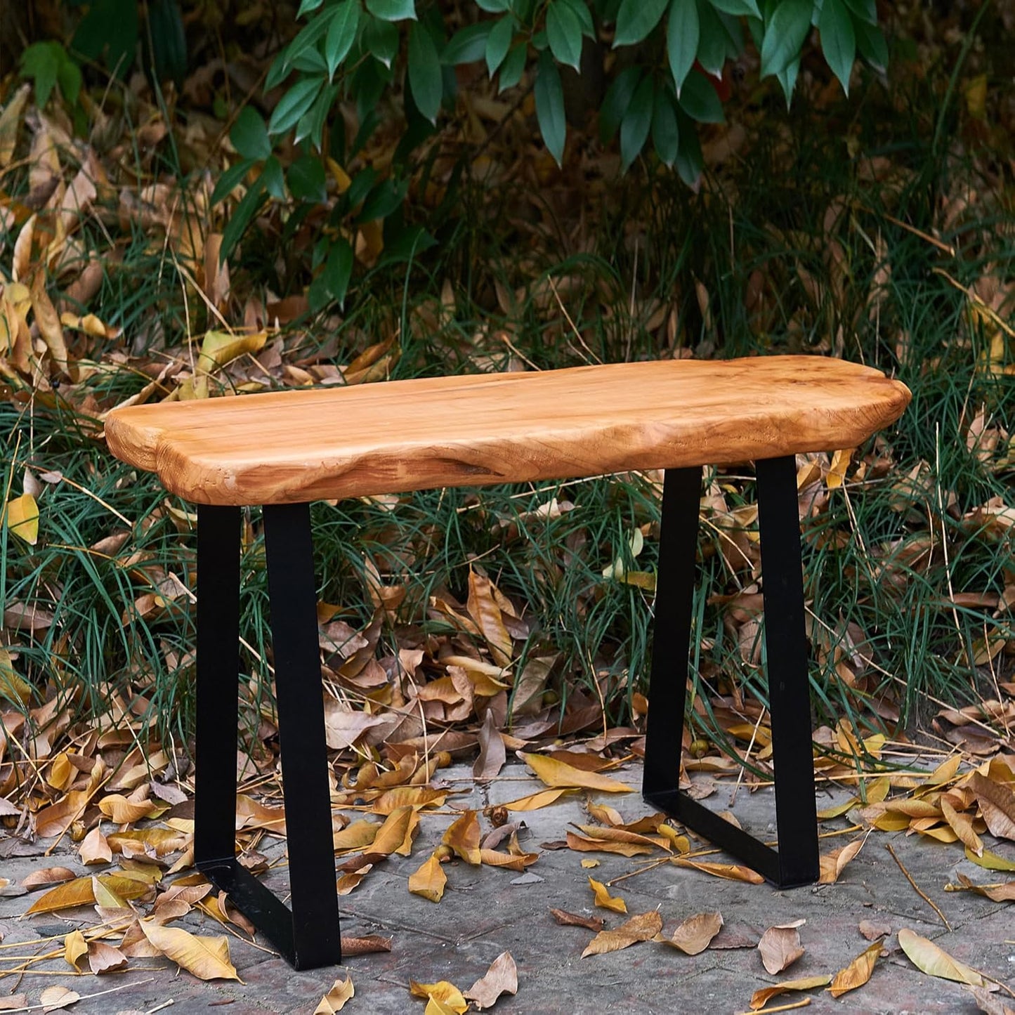 Cedar Roots Stool with Flat Iron Leg Wood Bench 27.5" X 14" X 17.4" H Home Decor Wood Side Table Plant Stand Home Décor End Table