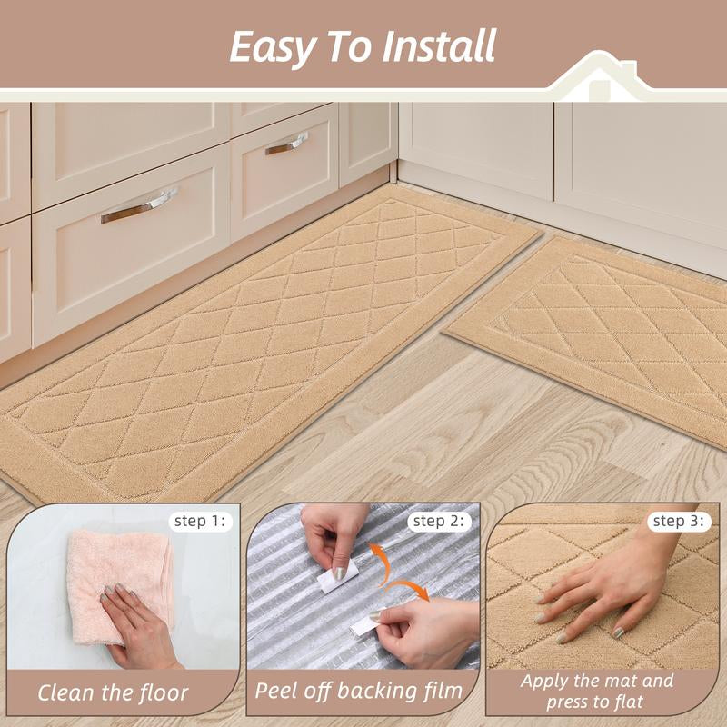 Beqhause Pattern Kitchenmat Set of 2 Soft Washable Kitchen Rugs, 20”X30” & 20”X48”, Self Adhesive No Sliding, Soft and Absorbent Tiktok Shop