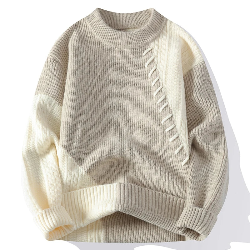 New Autumn Winter Men'S Warm Sweater Fashion Patchwork O-Neck Knitted Pulovers Men Loose Casual Streetwear Daily Knit Sweaters