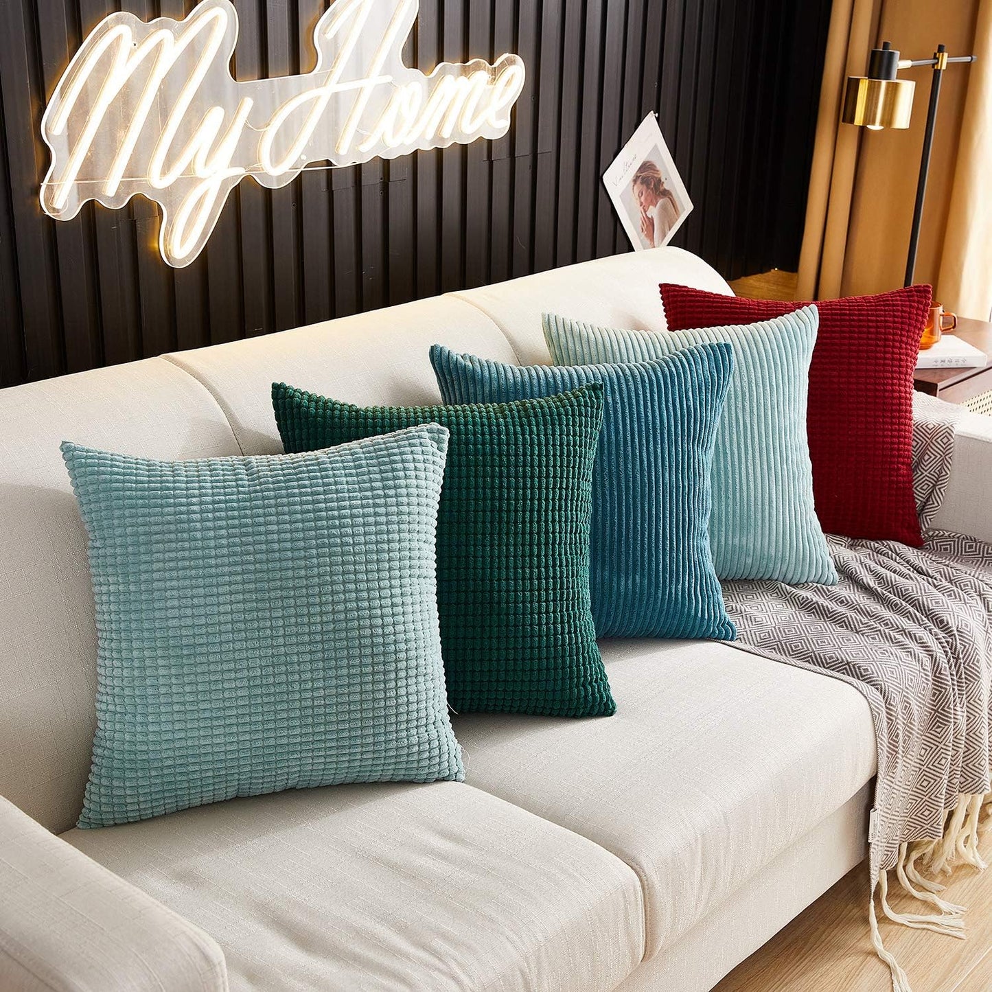 Pack of 2, Corduroy Soft Decorative Square Throw Pillow Cover Cushion Covers Pillowcase, Home Decor Decorations for Sofa Couch Bed Chair 18X18 Inch/45X45 Cm (Striped Light Green)