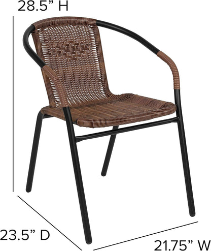 Set of 2 Modern Rattan Indoor/Outdoor Stack Chairs, Stacking Rattan Patio Chairs with Curved Back and Cross Bracing, Brown