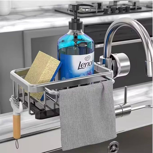 Ronnos Kitchen Accessories Sink Caddy, Multifunctional Sink Faucet Adjustable Attachable Storage Rack Kitchen Organizer, Dish Sponge Holder Attachable to Sink Faucet 0.7-1.1 Inch Pipe for Bathroom and Kitchen, Metal Accessory with Detachable Water Tray