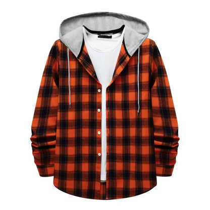 Men'S Flannel Plaid Hooded Shirts Casual Long Sleeve Button down Regular Fit Hooded Shirt Lightweight Thin Jackets Orange#01 XL
