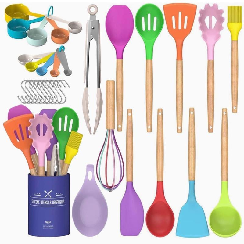 Kitchen Cooking Utensils Set, 33 Pcs Non-Stick Silicone Cooking Kitchen Utensils Spatula Set with Holder, Wooden Handle Silicone Kitchen Gadgets Utensil Set