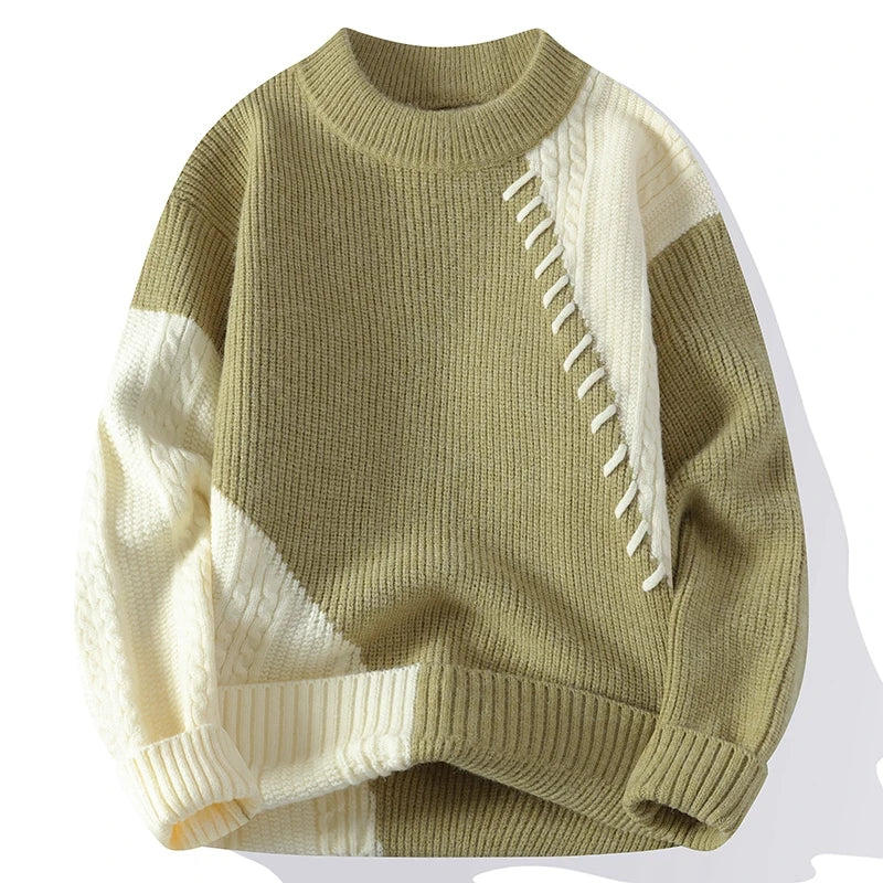 New Autumn Winter Men'S Warm Sweater Fashion Patchwork O-Neck Knitted Pulovers Men Loose Casual Streetwear Daily Knit Sweaters