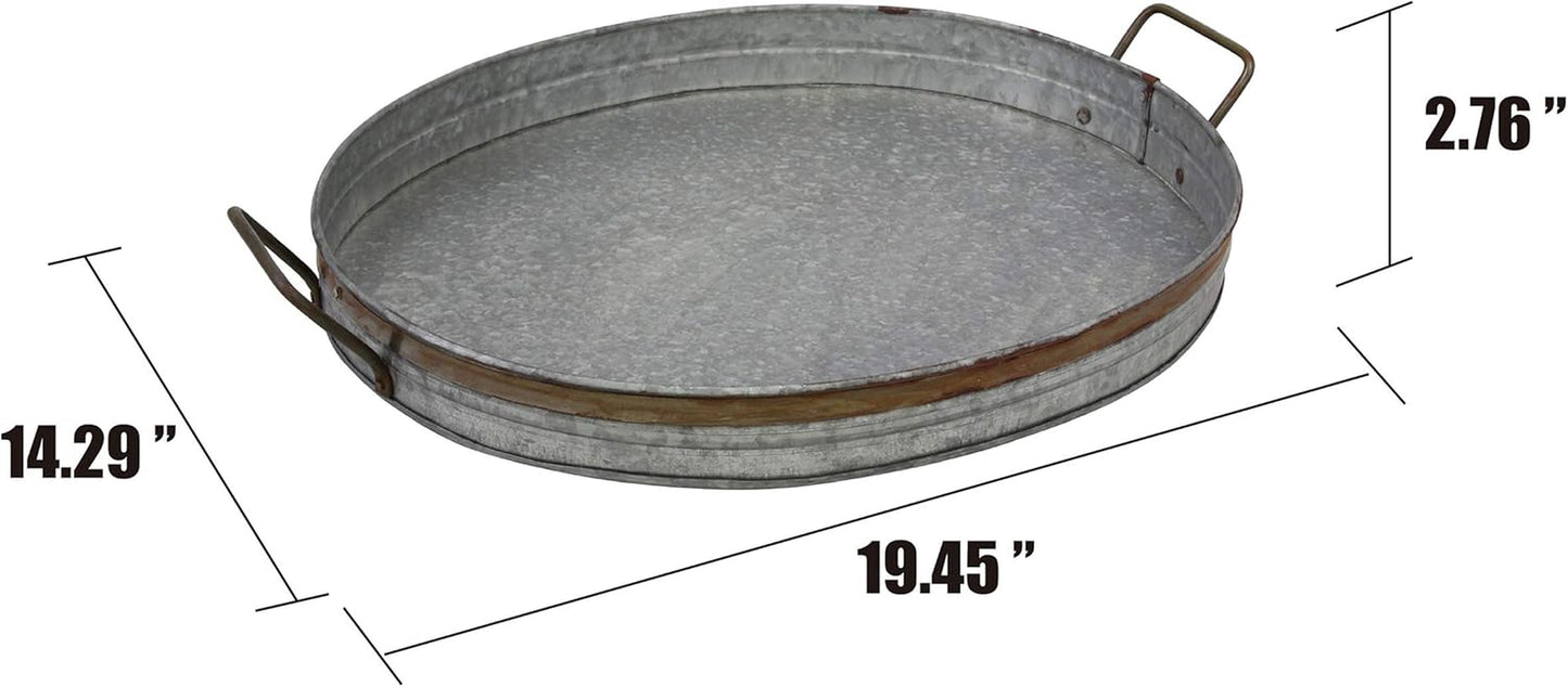 Oval Galvanized Metal Serving Tray with Rust Trim and Metal Handles, Decorative Centerpiece for Coffee Table or Dining Table, Large