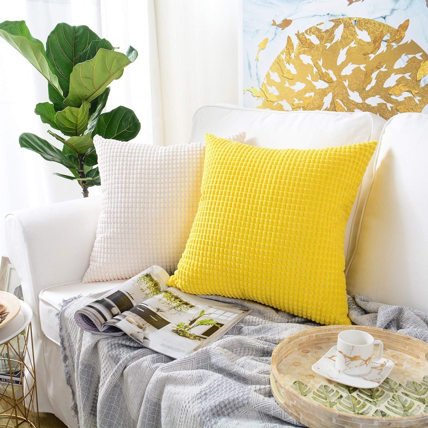 Pack of 2, Corduroy Soft Decorative Square Throw Pillow Cover Cushion Covers Pillowcase, Home Decor Decorations for Sofa Couch Bed Chair 16X16 Inch/40X40 Cm (Granules Cream White)