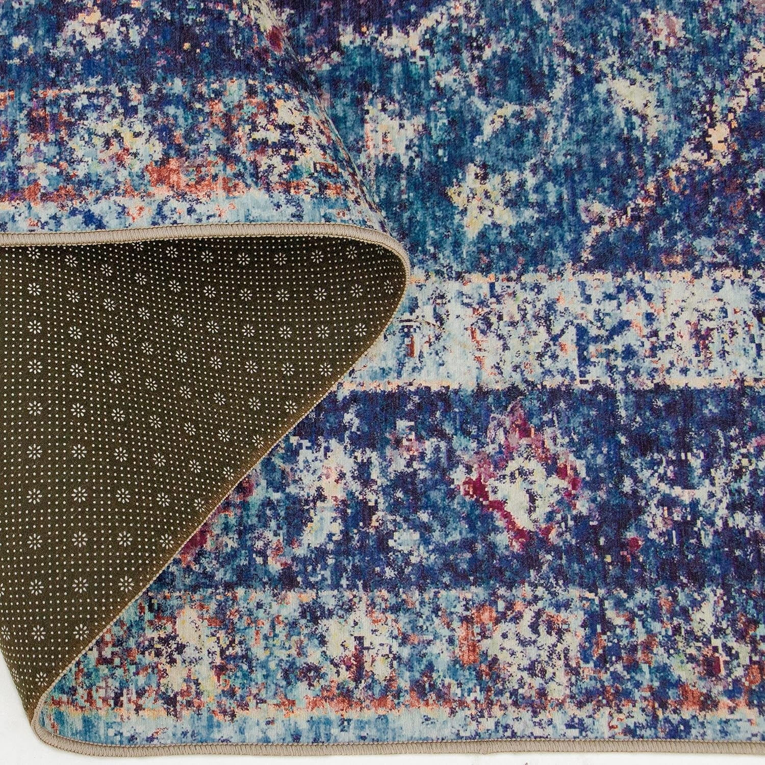 Realife Machine Washable Rug - Stain Resistant, Non-Shed - Eco-Friendly, Non-Slip, Family & Pet Friendly - Made from Premium Recycled Fibers - Vintage Distressed Medallion - Blue, 4' X 6'
