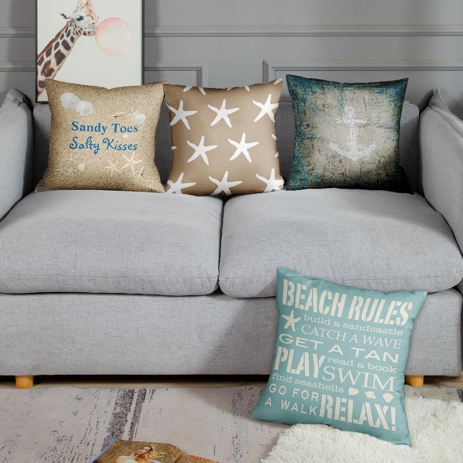 Set of 4 Throw Pillow Covers Beach Starfish Words Rules Holiday Summer Nautical Anchor Distressed Taupe Decorative Pillow Cases Home Decor Square 18X18 Inches Pillowcases