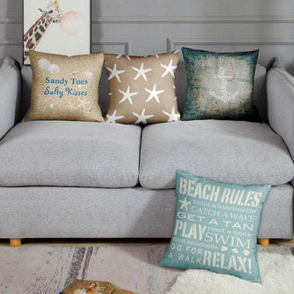 Set of 4 Throw Pillow Covers Beach Starfish Words Rules Holiday Summer Nautical Anchor Distressed Taupe Decorative Pillow Cases Home Decor Square 18X18 Inches Pillowcases