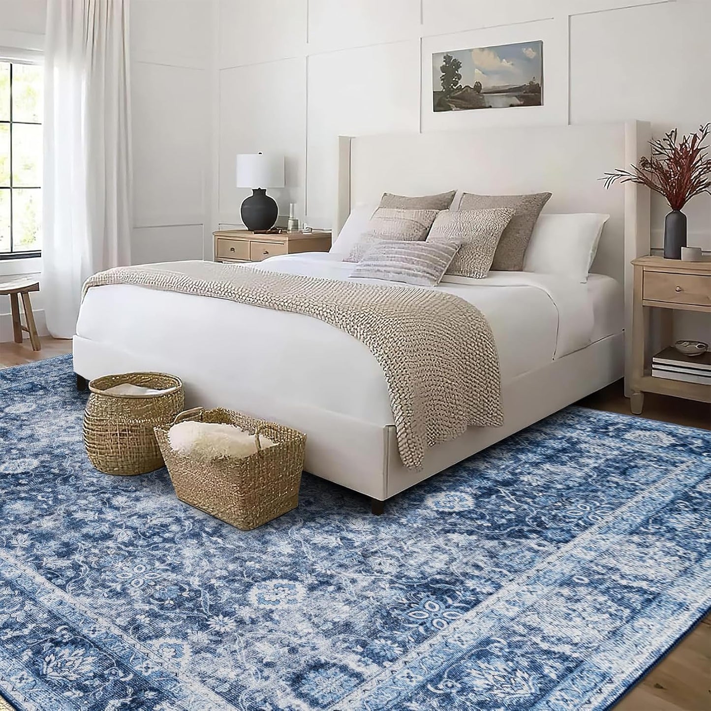 Machine Washable Area Rug - Living Room Bedroom Bathroom Kitchen Entryway Office - Padded Low Pile Stain Resistant Premium - Boho Farmhouse Vintage - Noor - Blue 4' X 6'