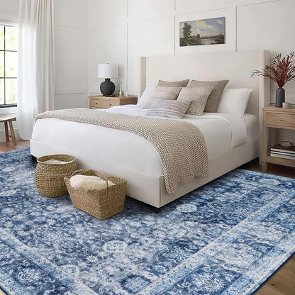 Machine Washable Area Rug - Living Room Bedroom Bathroom Kitchen Entryway Office - Padded Low Pile Stain Resistant Premium - Boho Farmhouse Vintage - Noor - Blue 4' X 6'