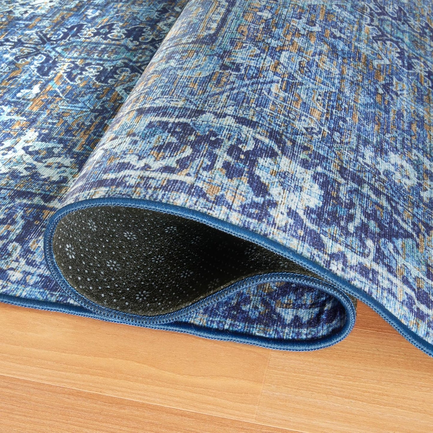 Machine Washable Area Rug - Living Room Bedroom Bathroom Kitchen Entryway Office - Padded Low Pile Stain Resistant Premium - Boho Vintage Traditional - Lyle - Blue 7'6" X 9'6"