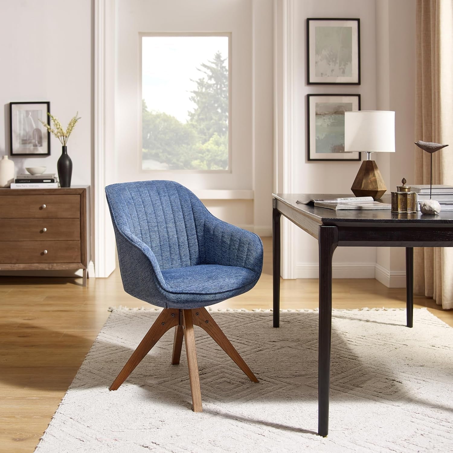 Desk Chair - Mid Century Modern Office Chair No Wheels, Swivel Accent Chair with Oak Wood Legs, Fabric Upholstered Arm Chair, Blue