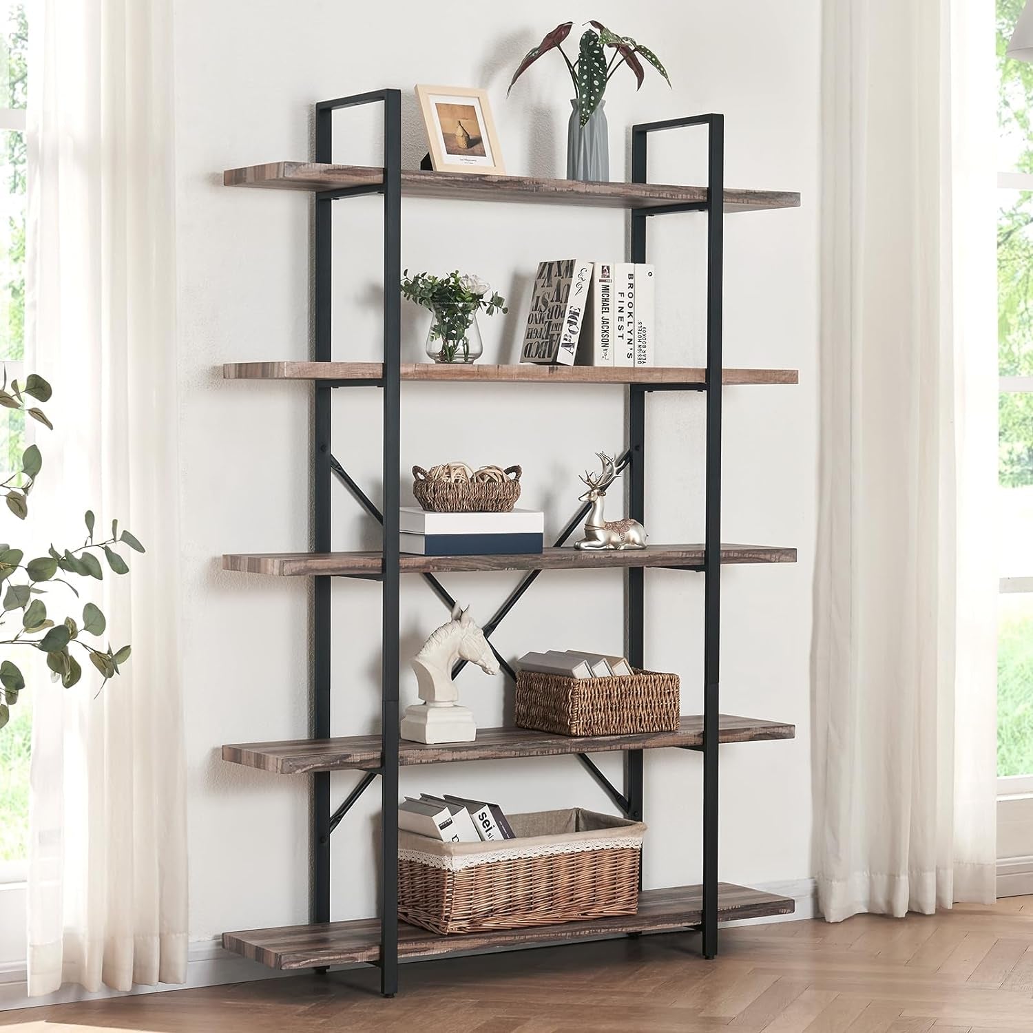 Bookshelf, 5 Tier Industrial Bookcase, 70" Tall Bookshelves and Book Case with 5 Shelf, Rustic Storage Rack with Display Shelves for Bedroom Living Room Office, Retro Brown