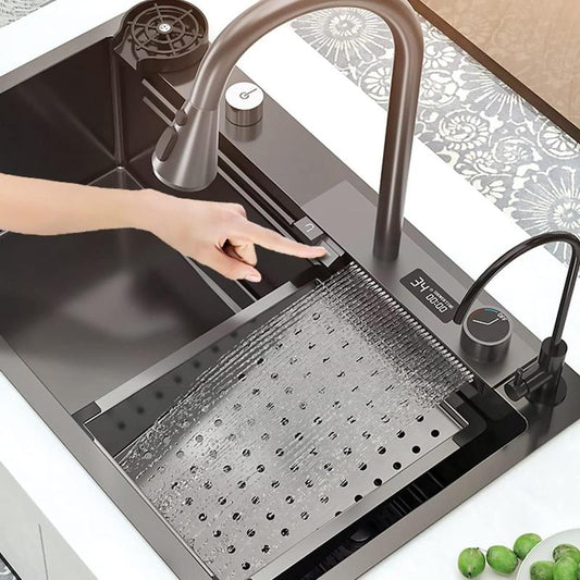 Bronstarz 33*22 INCH Black Nano Drop in Sink 304 Stainless Steel Waterfall Sink with Pull down Sprayhead Faucet Single Bowl Drop in Kitchen Sink Workstation with LED TEMP Display (33 X 22 IN)
