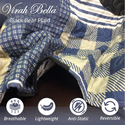 3 Piece King Lodge Quilt Bedding Set - Black Bear Plaid - Rustic Cabin Country Reversible Camping Comforter Set with Decorative Pillow Shams, Blue/Black