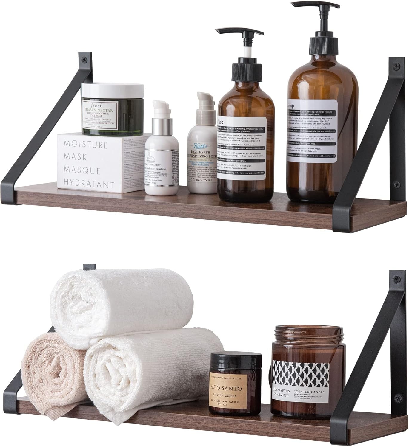 Rustic Brown Floating Shelves for Bathroom, Bedroom, Living Room, Kitchen, 2-Pack Solid Wood Wall Shelf over Toilet, Modern Décor