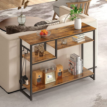 Narrow Console Table with 4 Storage Shelves & 2 Hooks, Buffet Sideboard Side Desk Entryway Table, Rustic
