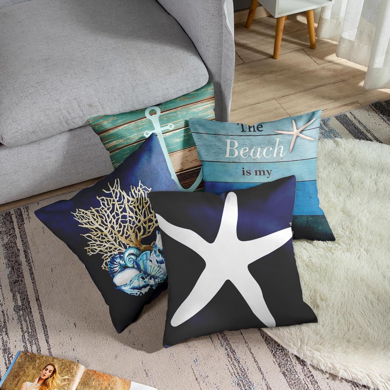 Set of 4 Throw Pillow Covers Nautical Coastal Beach and Blue Turquoise Anchor Weathered Wood Old Decorative Pillow Cases Home Decor Square 20X20 Inches Pillowcases