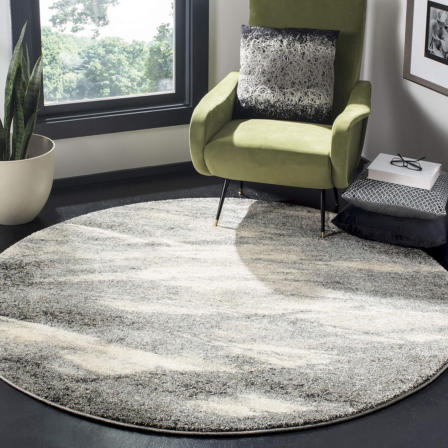 Retro Collection Area Rug - 6' Round, Grey & Ivory, Modern Abstract Design, Non-Shedding & Easy Care, Ideal for High Traffic Areas in Living Room, Bedroom (RET2891-8012)
