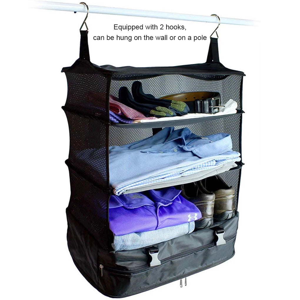 Outdoor Storage Mesh Bag Foldable 3 Layers 2 Hooks Zipper Pocket Hanging Barbecue Travel Fishing Camping Clothes