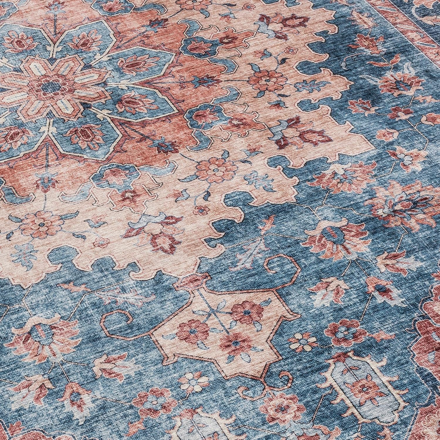 Realife Machine Washable Rug - Stain Resistant, Non-Shed - Eco-Friendly, Non-Slip, Family & Pet Friendly - Made from Premium Recycled Fibers - Distressed Vintage Medallion - Light Blue - 2'6" X 8'