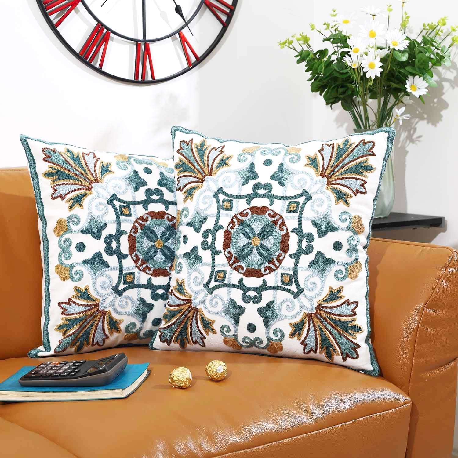 Onelsong Decorative Pillow Covers for Couch Living Room 18X18 Inches Set of 2 Embroidery Square Boho Throw Pillows Cover for Sofa Chair Bed